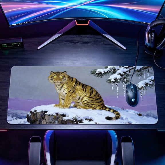 Extra Large Golden Tiger In Snowy Mountain Mouse Pad, Non Slip Rubber Pad, Desktop Decoration Drotection Pad, Washable, Lock Edge Multi Size, Premium Multipurpose Mousepad, Gaming Setup