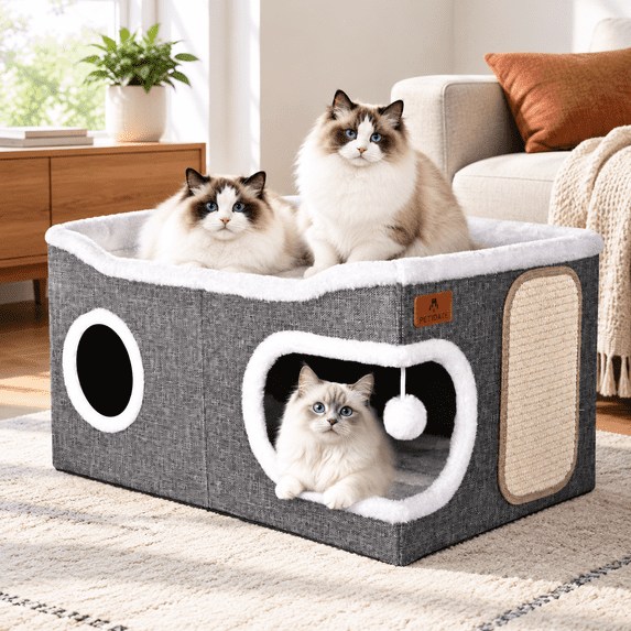 Extra Large Grey Cat Bed for Indoor Cats, Foldable Cave Condo with ...