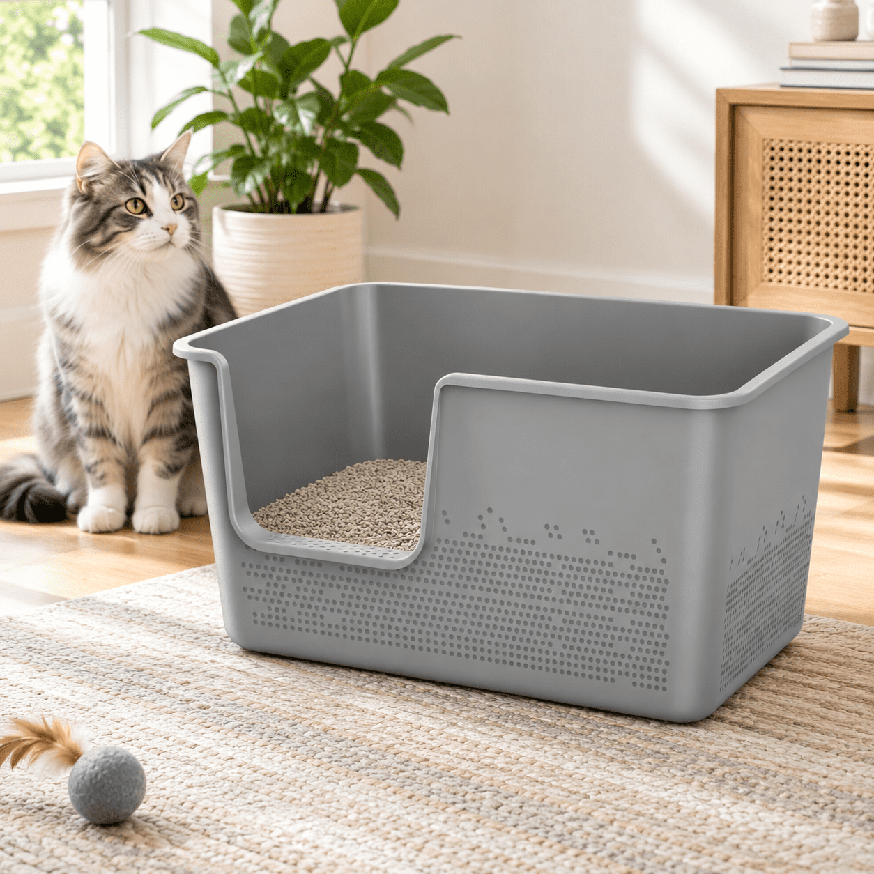 Large Cattery Extra Large Grey High Sided Cat Litter Box for Big Indoor Cats, 24.65 x ...