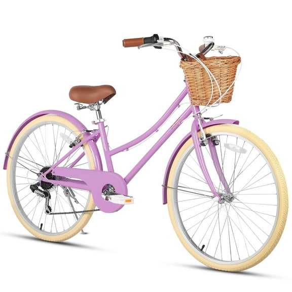 Glerc Missy 26" inch Girl Cruiser Youth Teen Woman Bike 6-Speed Teen Hybrid City Bicycle for Youth Ages 14 15 16 17 18 19 20 Years Old with Wicker Basket & Lightweight, Purple