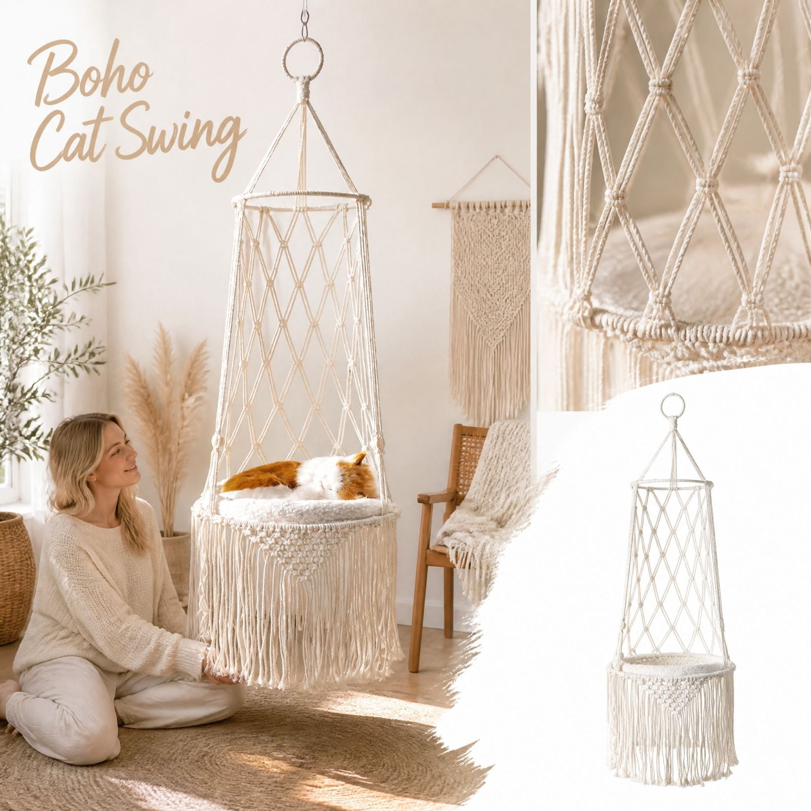 Extra Large Hand-woven Rope Cat Hammock, Boho Pet Swing Bed & Indoor ...