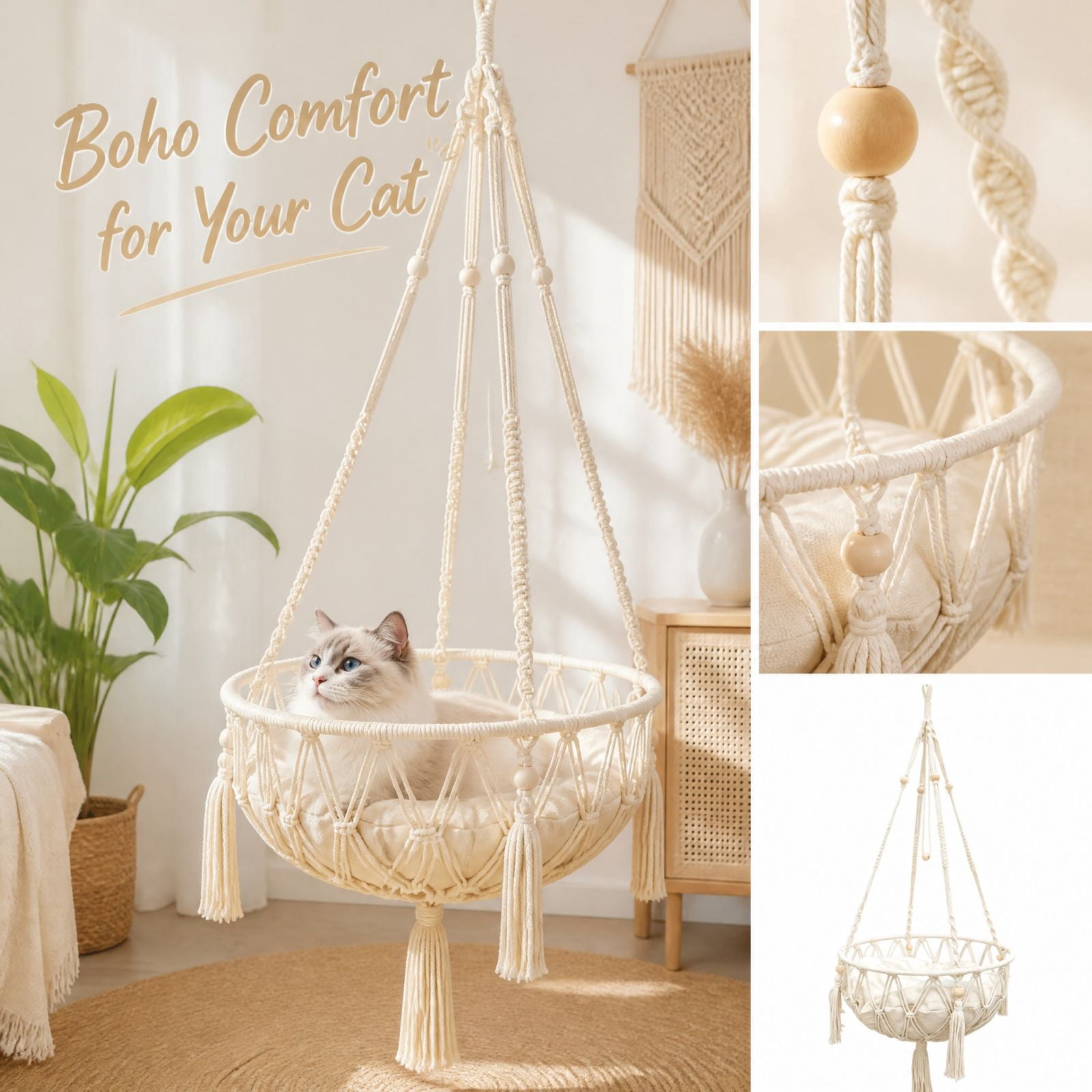 Extra Large Hand-woven Rope Cat Hammock, Boho Pet Swing Bed & Indoor ...