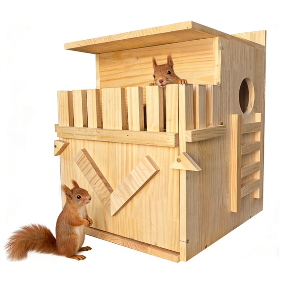 Extra-Large Handmade Squirrel House with Porch - Outdoor Solid Wood Nest Box for Squirrels & Chipmunks | Includes Mounting Kit for Tree, Fence or Yard