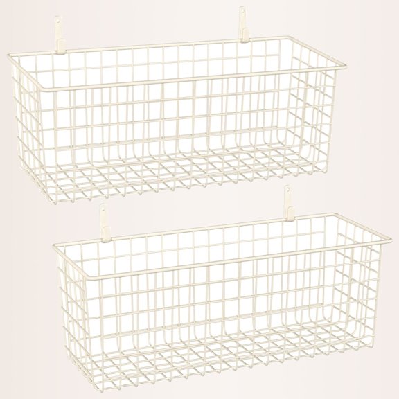 Extra Large Hanging Wall Basket, White Metal Wire Baskets with Steel Hooks for Organizing, Wall-mounted Storage for Home Kitchen Bathroom Laundry Pantry