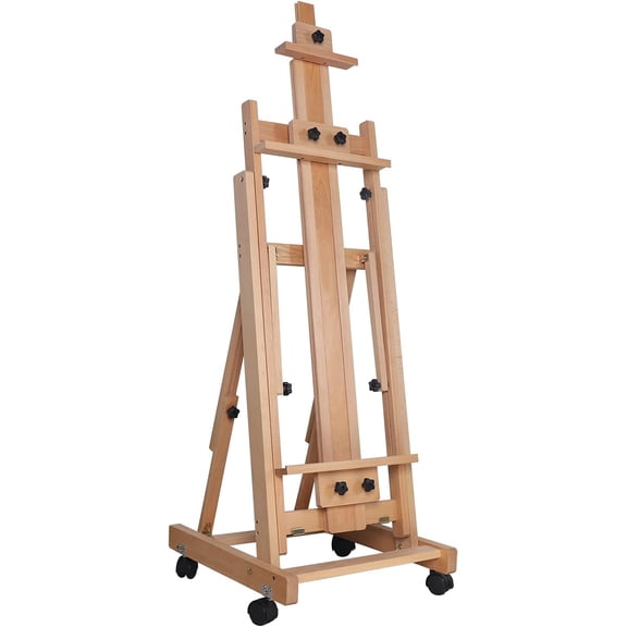 Extra Large Heavy-Duty Artist Easel, H-Frame Professional Art Floor Easel for Painting Canvas Red Beech Wood Painting Art Easel with Locking Caster Wheels Adjustable Easel Stand for Adults