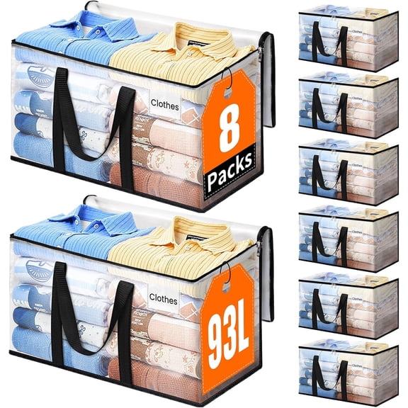 Extra Large Heavy Duty Moving Bags, Storage Bags with Strong Zippers & Handles, Packing Bags for Moving Essentials, Ideal Storage Tote for Home, Dorm & Storage Solutions, 93L, 8 Packs, Clear