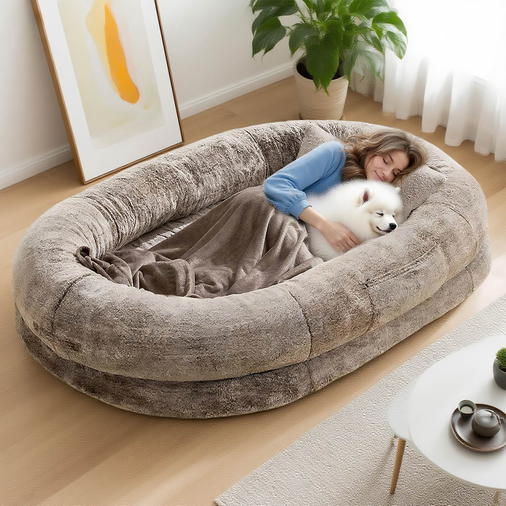 Extra Large Human Dog Bed for Adults & Pets, Faux Fur Orthopedic Lounger with Pillow & Blanket, Washable Nap Bed, Perfect Gift for Pet Lovers (68'' x 35'' x 14'')