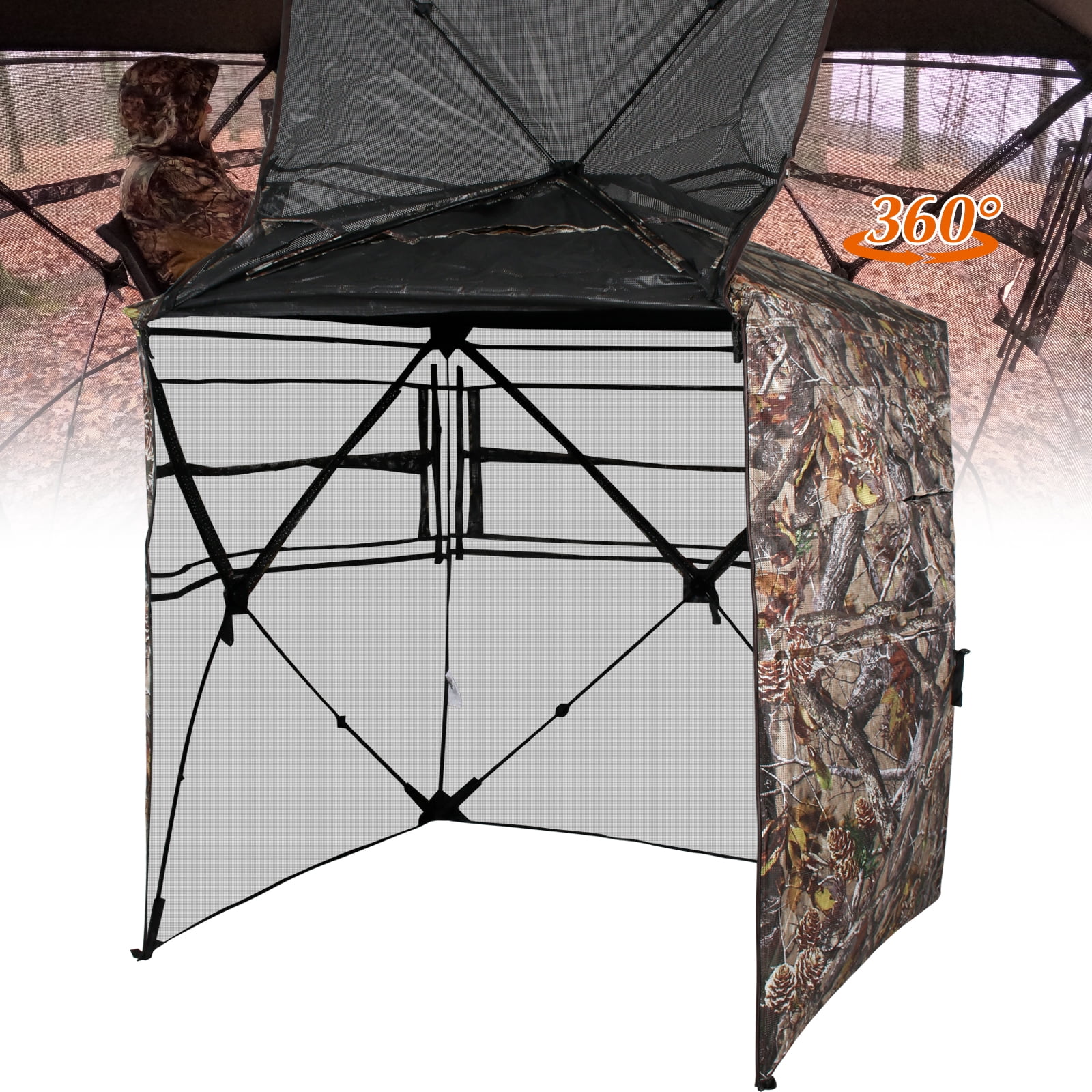 360 Degree See Through Hunting Blind with Portable Hunting Chair, 3 Person See Through Pop up Ground Blinds for Deer Turkey Duck Hunting, Hunting Adjust Windows with Silent Zipper