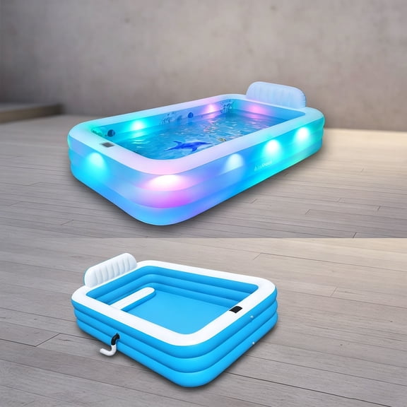 Extra Large Inflatable Pool with Lights, Upgraded Solar Powered Blow Up Pool for Adults, Inflatable Swimming Pool with Seat & Backrest, Big Inflatable Pool for Backyard