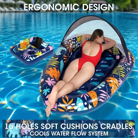 Extra Large Inflatable Pool Lounge Chair with UPF50+ Sun Canopy, Tropical Leaf Pattern, Cup Holder & Backrest  Heavy Duty Floating Lounger for Adults, Perfect for Summer Pool Parties, Pool Floats