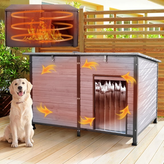 XXL 59" Extra Large Insulated Dog House Outdoor, Wooden Dog Kennel with Insulated Inner Liner, Weatherproof Chew-Proof Metal Frame, Elevated Floor & PVC Flap for Big Dogs, Grey