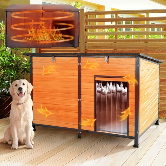 XXL 59" Extra Large Insulated Dog House Outdoor, Wooden Dog Kennel with Removable Inner Liner, Weatherproof Chew-Proof Metal Frame, Elevated Floor & PVC Curtain for Big Dogs