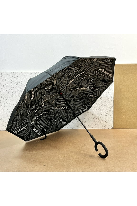 Extra Large Inverted Reverse Umbrella, Windproof & Waterproof C-Shaped Handle- Newspaper
