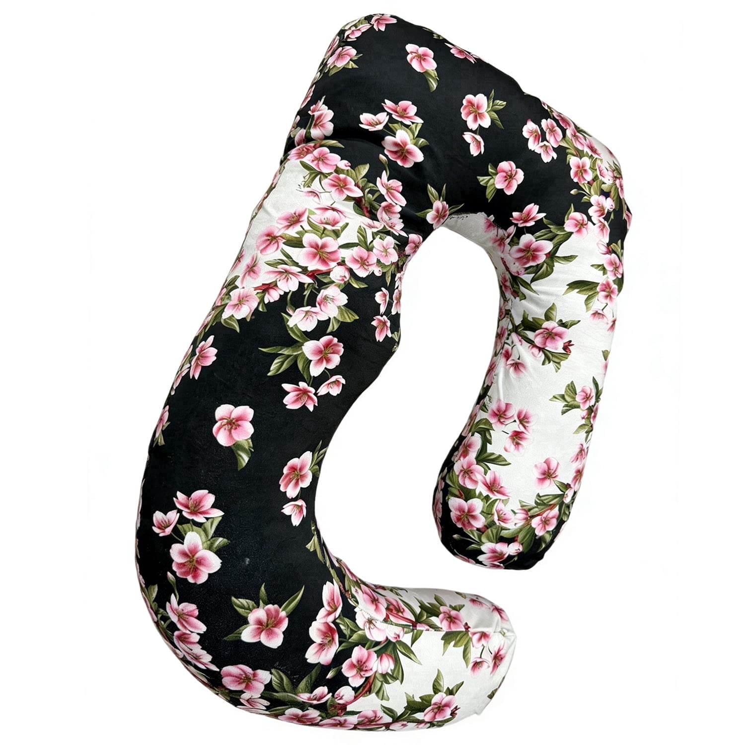 Extra Large J-Shaped Pregnancy Pillow, Black Floral - Ultimate Body Support for Side Sleepers & Maternity Relief