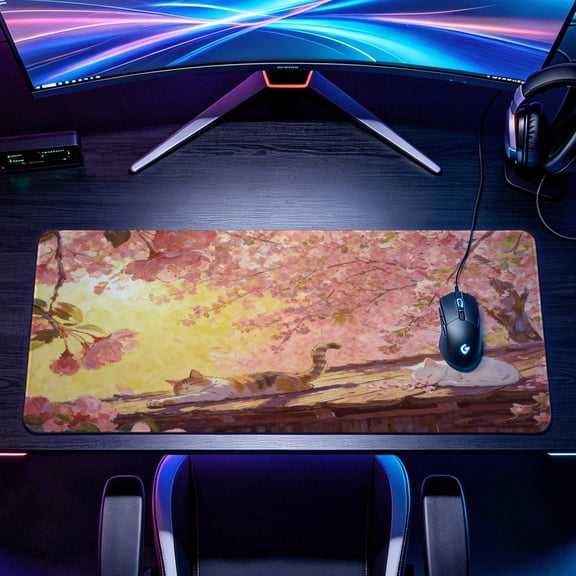 Extra Large Japanese Cherry Blossom Cat Painting Mouse Pad,Non Slip Rubber Pad,Desktop Decoration Drotection Pad, Washable,Lock Edge Multi Size,Premium Multipurpose Mousepad