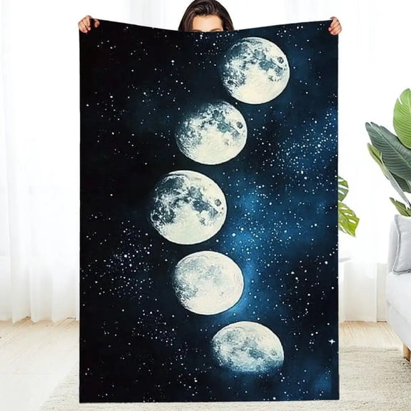 Extra Large King Plush Blanket - Dark Blue Night Sky with Moon Phases & Stars - Heavyweight Flannel Bedspread Throw - Celestial Decor for Home, Gifts - Machine Washable
