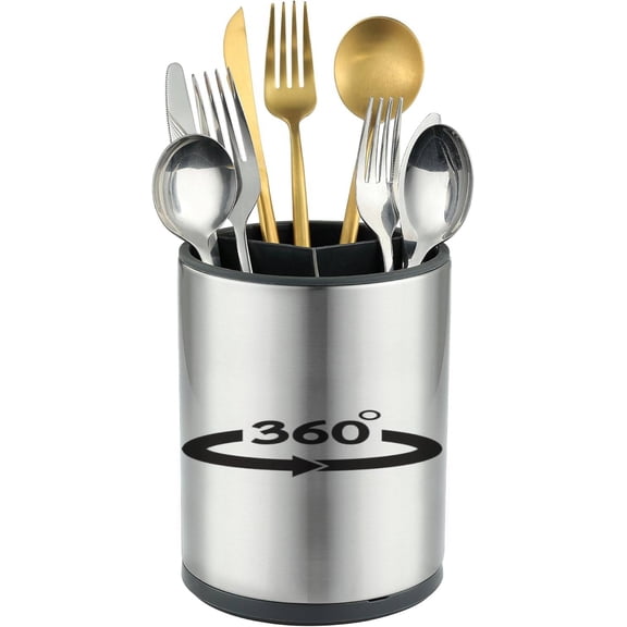 Extra Large Kitchen Utensil Holder- 360° Rotating Stainless Steel Cooking Utensil Holder for Countertop, 3 Compartment Flatware Organizer & Utensil Caddy with Drain Removable Base