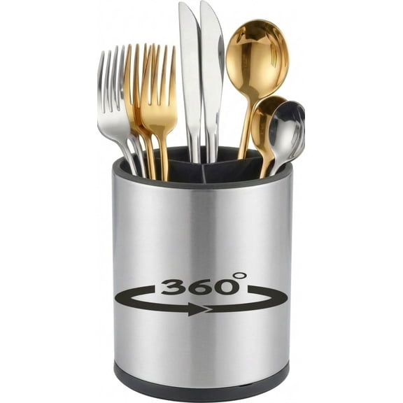 Extra Large Kitchen Utensil Holder- 360° Rotating Stainless Steel Cooking Utensil Holder for Countertop, 3 Compartment Flatware Organizer & Utensil Caddy with Drain Removable Base