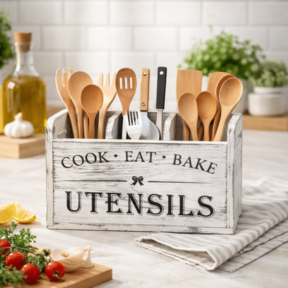 Extra Large Kitchen Utensils Holder with 4 Compartments, Wooden Utensil Organizer for Kitchen Countertop, Farmhouse Kitchen Decor, Rustic Cooking Utensil - White