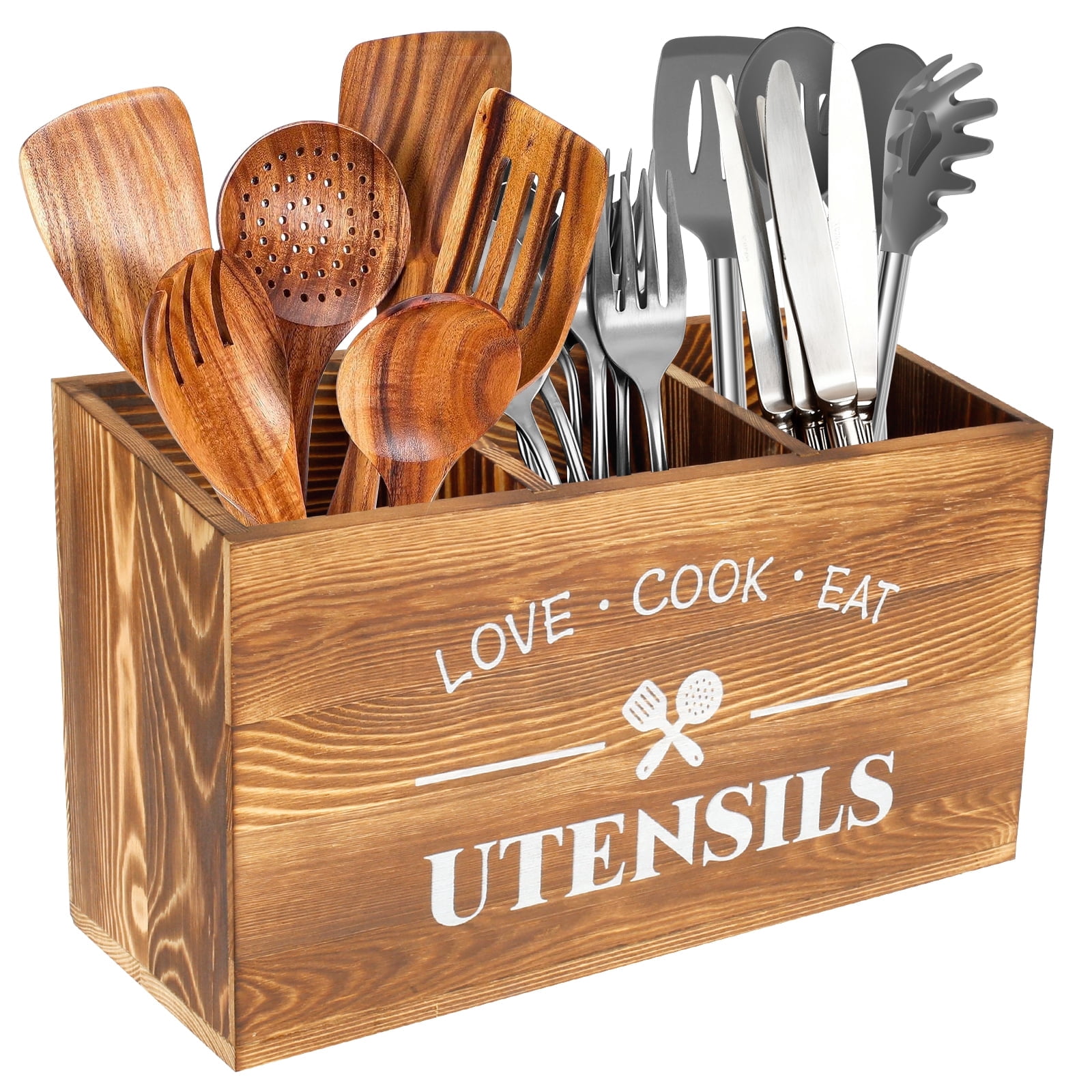 Extra Large Kitchen Utensils Holder, Wooden Utensil Organizer with 3 Compartments for Kitchen Countertop, Farmhouse Kitchen Decor, Rustic Cooking Utensil Storage