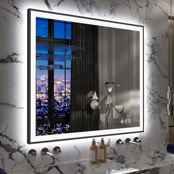 Irrow Frame GODCHAR, Oversized LED Anti-fog Mirror, 40 x 36, Black Metal Frame ...