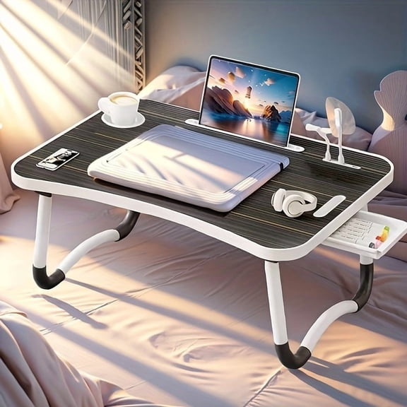 Extra Large Laptop Bed Desk with Cup Holder & Drawer - Foldable Portable Tray Table w/USB Fan & Light for Sofa, Floor, RV Use - Sturdy Multi-Functional Stand for Reading, Writing, Dining