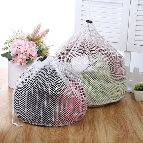 2Pcs Extra Large Laundry Bags with Drawstring 24" x 36" Heavy Duty Mesh Laundry Bag for Travel, College Dorm, Apartment, Family White, Coarse Net