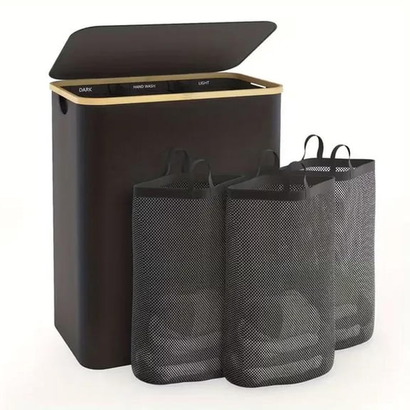 Extra Large Laundry Hamper with Lid, 3-Section Sorter with Removable Mesh Bags, Pre-Sorted Labels, Heavy Duty Fabric & Bamboo Frame for Bedroom & Laundry Room