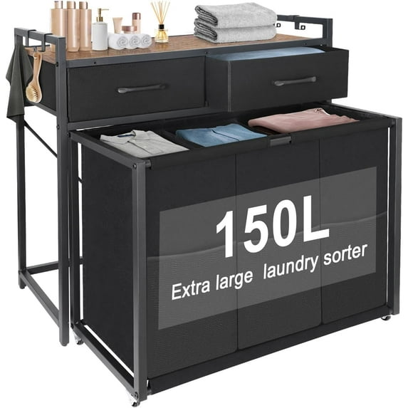 Extra Large Laundry Sorter with Wheels - 150L 3 Section Laundry Hamper with 2 Fabric Drawers and 3 Bags for Dirty Clothes Storage