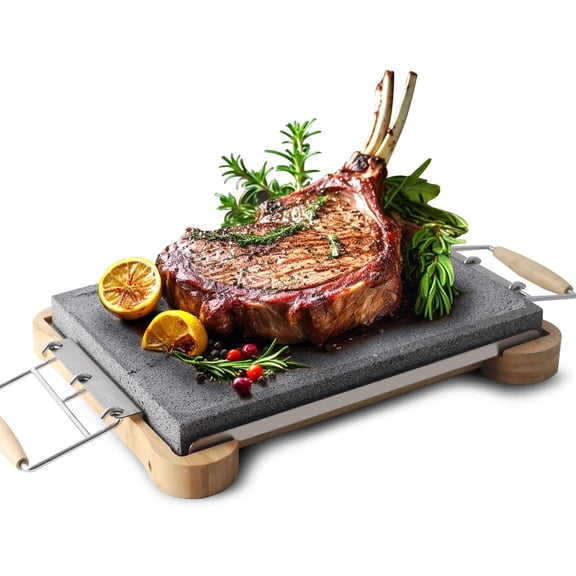 Extra-Large Lava Steak Stone Grill Set with Bamboo Base & Heat-Resistant Handles - 15.75" x 11.81" Natural Lava Stone for Steak, Tabletop Cooking, BBQ Grilling, and Serving