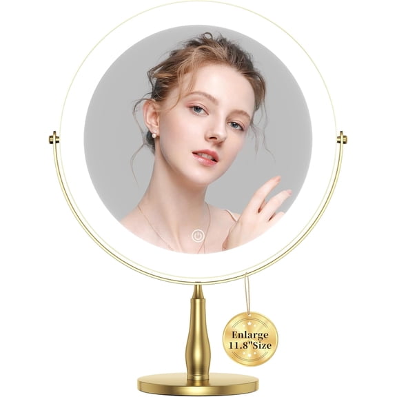 Extra Large Lighted Makeup Mirror, 1X/10X Dual-Sided Magnifying Mirror with 96 LEDs, 3-Color Dimmable Lighting, 360 Swivel Base, Gold Frame, Rectangular, Modern Style
