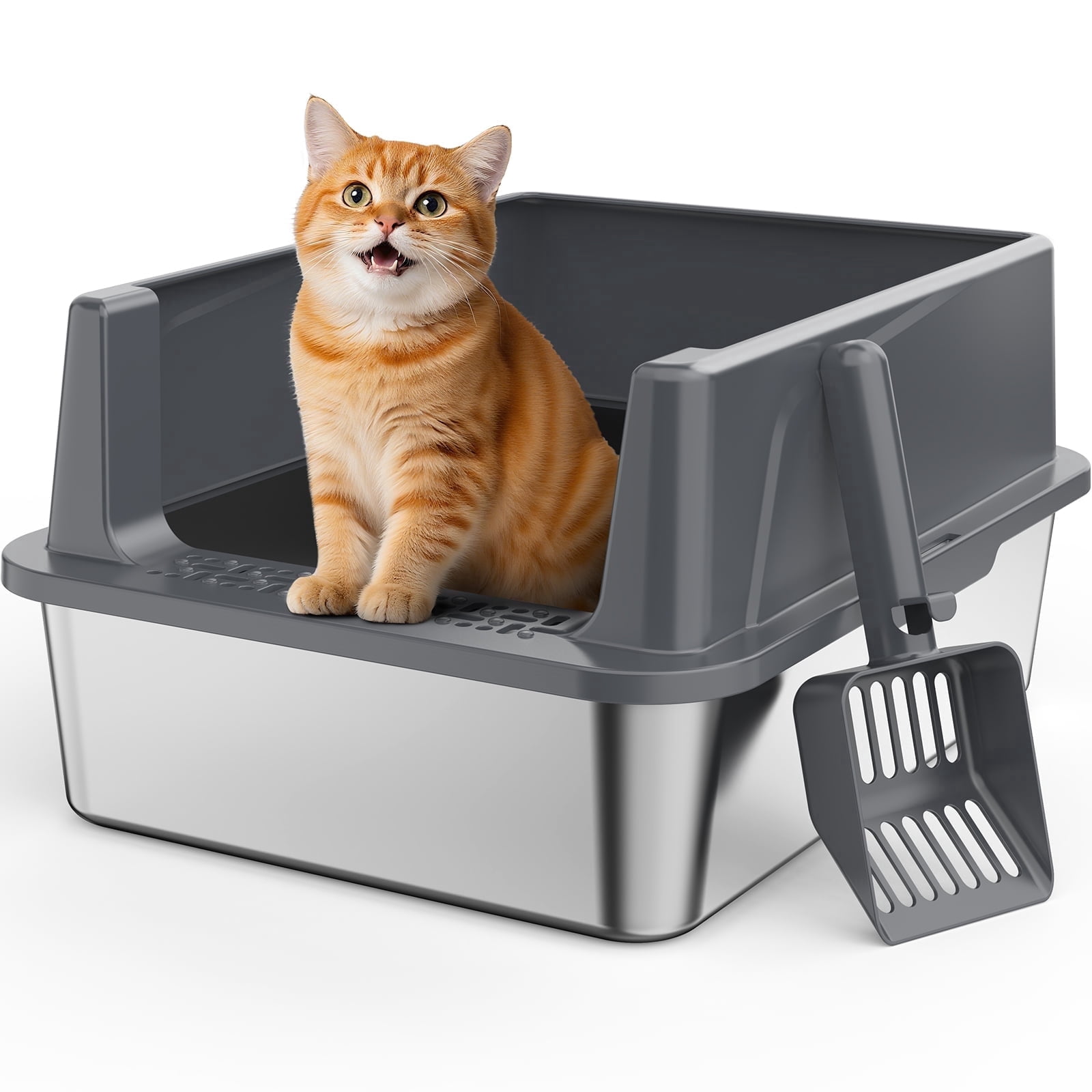 Stainless Steel Litter Box with High Sides: Top Entry Cat Litter Box for Small Mulit Big Cat, Anti-Urine Leakage, Non-Stick Bottom, 17in, Dark gray