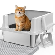 Stainless Steel Litter Box with High Sides: Top Entry Cat Litter Box for Small Mulit Big Cat, Anti-Urine Leakage, Non-Stick Bottom, 17.4"*13.4"*8.4", Silver gray