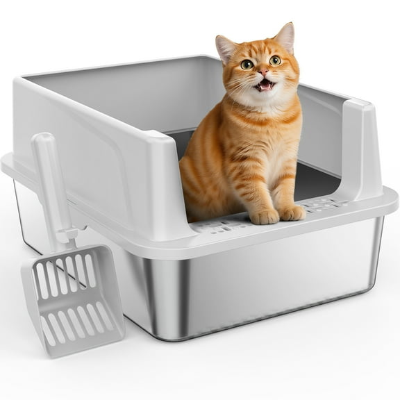 Stainless Steel Litter Box with High Sides, Top Entry Cat Litter Box for Small Cat, Anti-Urine Leakage, Non-Stick Bottom, 17in, Silver gray