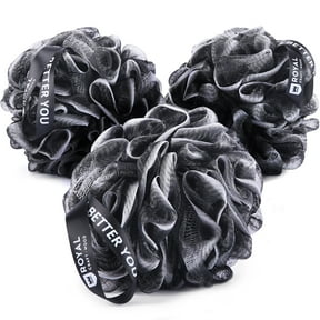 Royal Craft Wood Extra Large Loofah Shower Pouf 3 Pack - Bath Sponge for Women, Men & Kids Loofa - Charcoal Black Shower Sponge Body Sponge Poof, Bath Pouf Set Scrubber