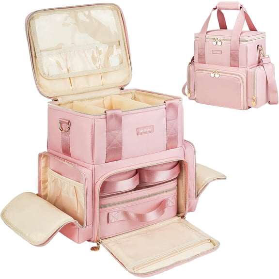 Jaffzora Extra Large 4-in-1 Travel Makeup Bag, Cosmetic Organizer with 3 Detachable Pouches & Dividers, Pink