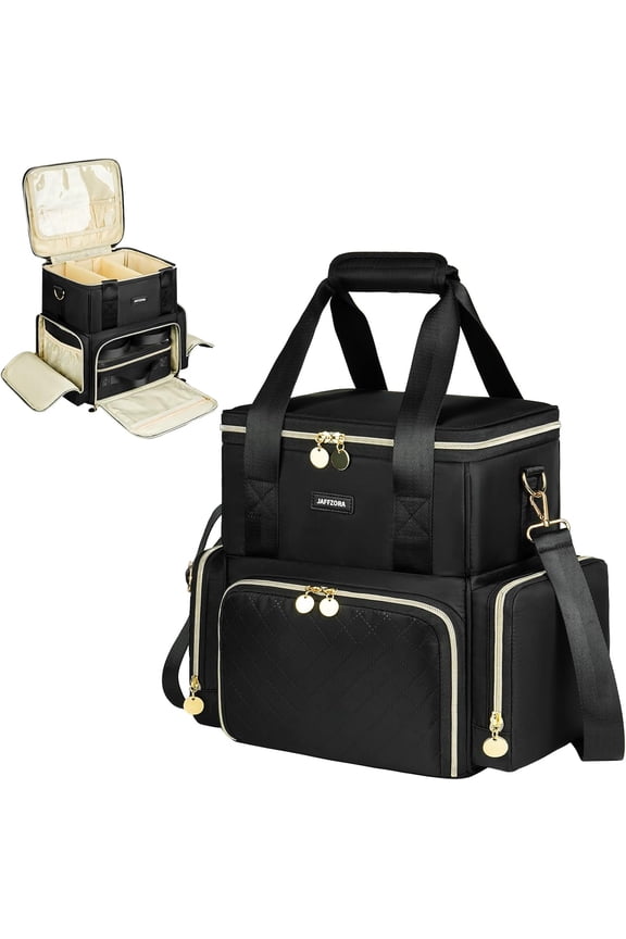 Extra Large Makeup Bag with 3 Removable Cases, Double Layers Travel Cosmetic Storage Organizer Bag with Detachable Dividers, Black