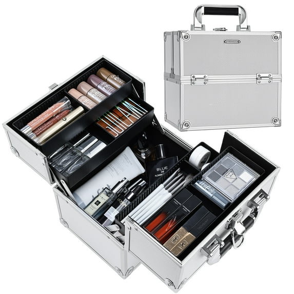 Extra Large Makeup Case Cosmetic Train Case with Dividers Lockable Makeup Box Organizer