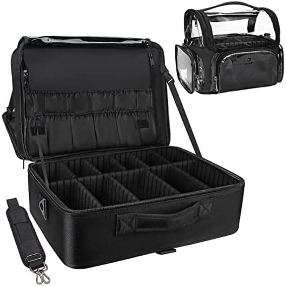 Extra Large Makeup Case and Makeup Brush Holder Bag, Professional Makeup Organizer, Large Capacity with Adjustable Dividers and Shoulder Strap (Black)