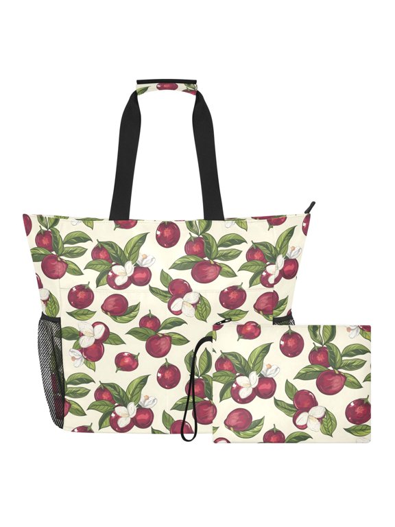 Extra Large Mangosteen Vector Drawing Beach Bag for Women Waterproof Tote with Zipper Pockets