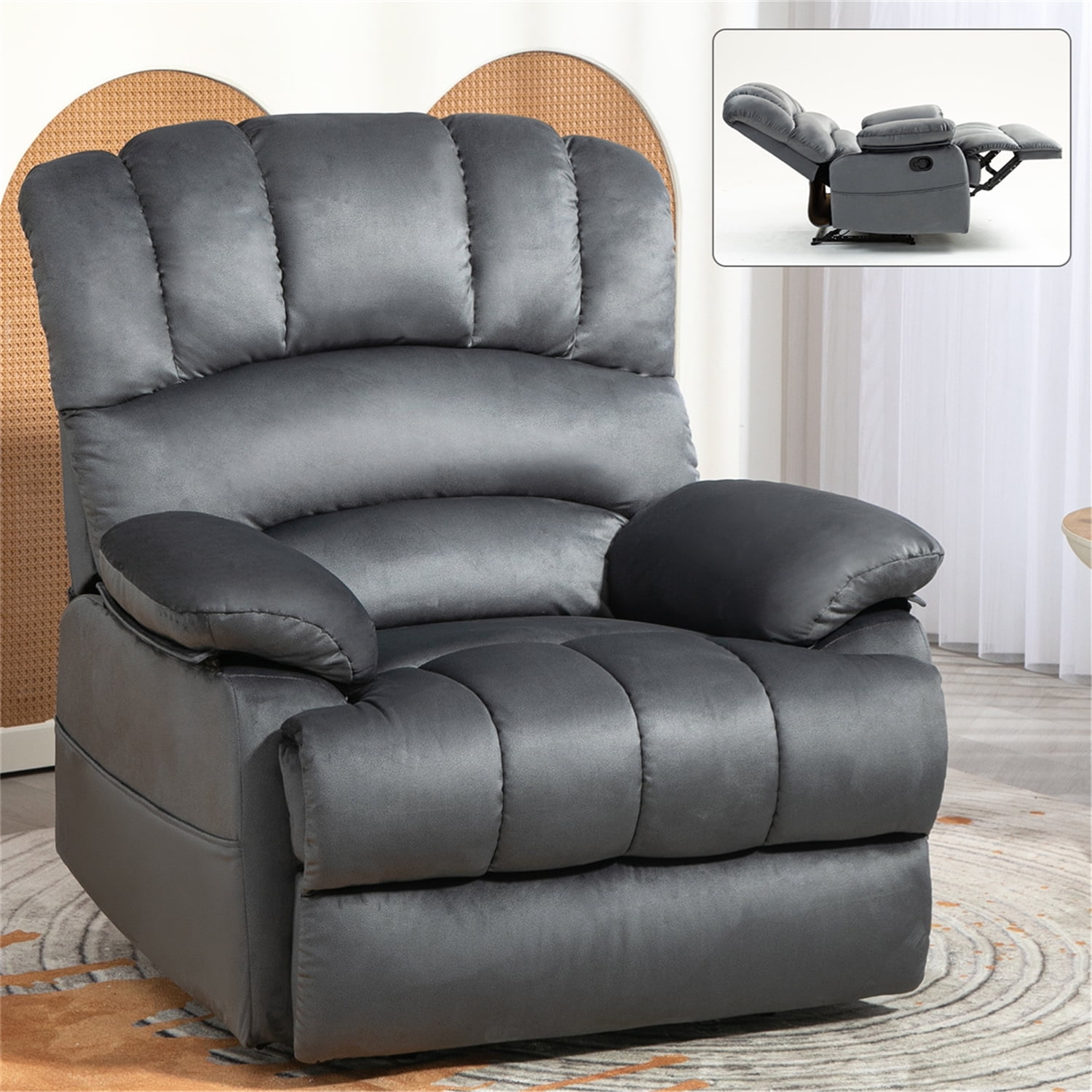 Extra Large Manual Recliner Chair Soft Fabric Overstuffed Reclining Single Sofa Chair with Adustable Backrest Footrest and Two Side Pockets for