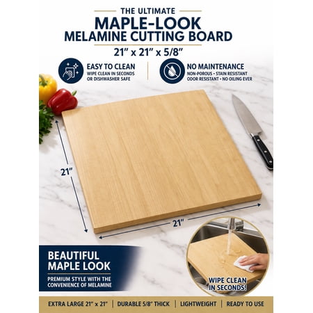 Extra Large Melamine Cutting Board 21x21, Maple Look Kitchen Chopping Board, Easy to Clean, Dishwasher Safe, Non-Porous, No Maintenance