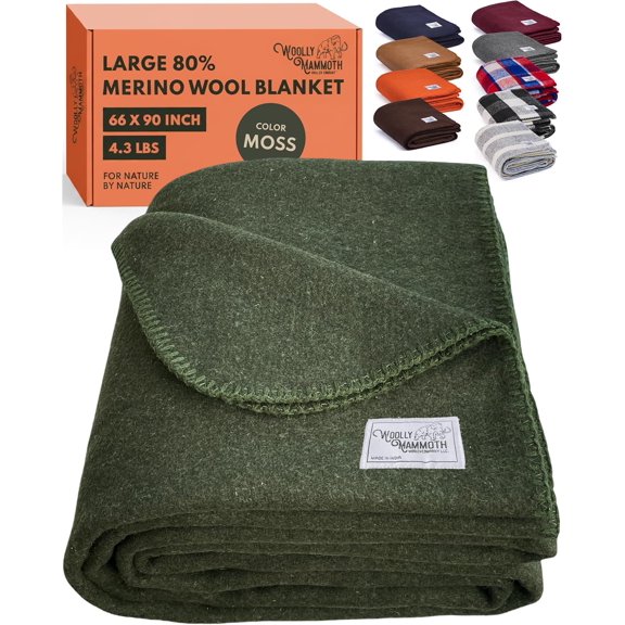 Extra Large Merino Wool Camp Blanket Moss 66 x 90 Inches