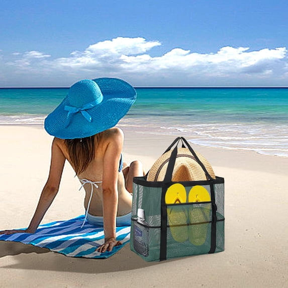 Extra Large Mesh Beach Bag Sand Free Heavy Duty Tote, Foldable Nylon Pool Storage with Pockets, Family Size Travel Essentials