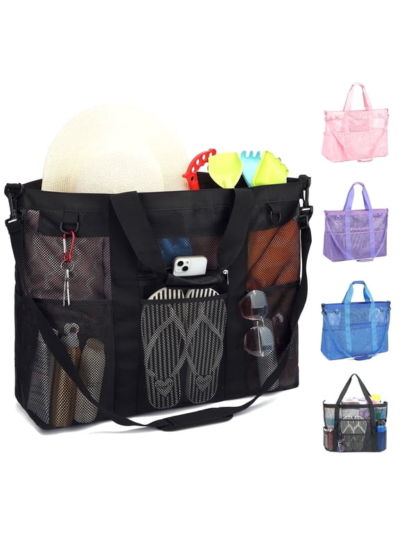 Extra Large Mesh Beach Bag for Women/Girls, Packable Sandproof Beach Tote with Zipper Closure, Toys Pool Bag for Family Beach Trip, Vacation Essentials,Black