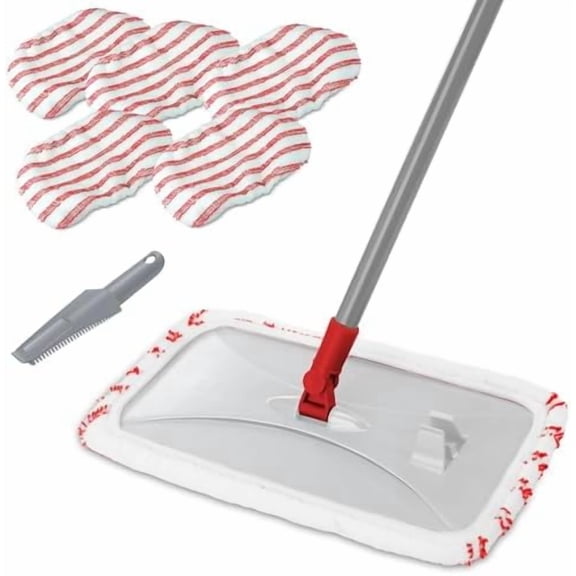 Extra Large Microfiber Mop for Floor Cleaning, 16“ Flat Mop with 5 Pad for Wet & Dry Use, Dust Mop for Hardwood Laminate Tile Ceramic, 1 Cleaning Scraper Included-Red