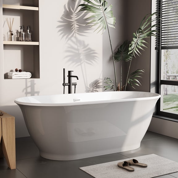 Extra Large Modern Freestanding Acrylic Bathtub – 67" & 59" Deep Soaking Ergonomic Tub, Double-Walled Insulation, Chrome Drain, Non-Slip, cUPC Certified – Glossy White