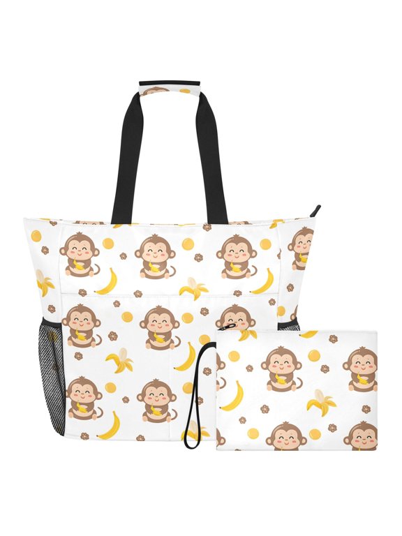 Extra Large Monkey Banana Beach Bag for Women Waterproof Tote with Zipper Pockets