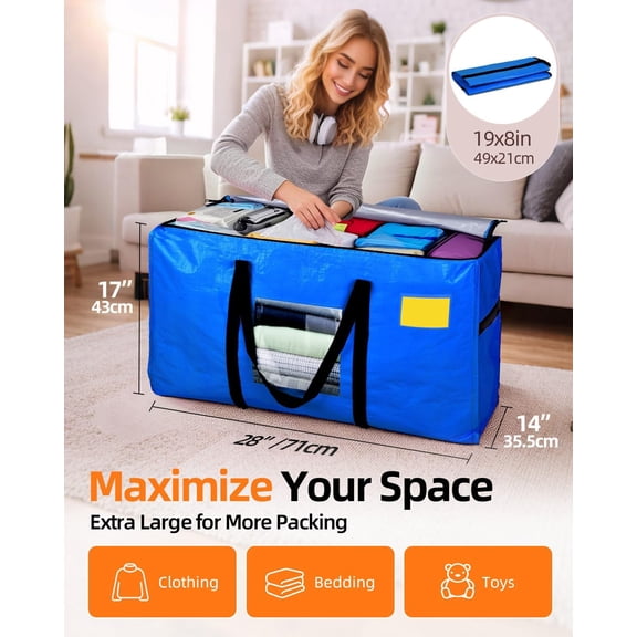 Extra Large Moving Bags, 12 Pack Heavy Duty Storage Bags Boxes Bins Totes with Handles Zippers Visible Window for Clothes College Dorm Travel, Blue