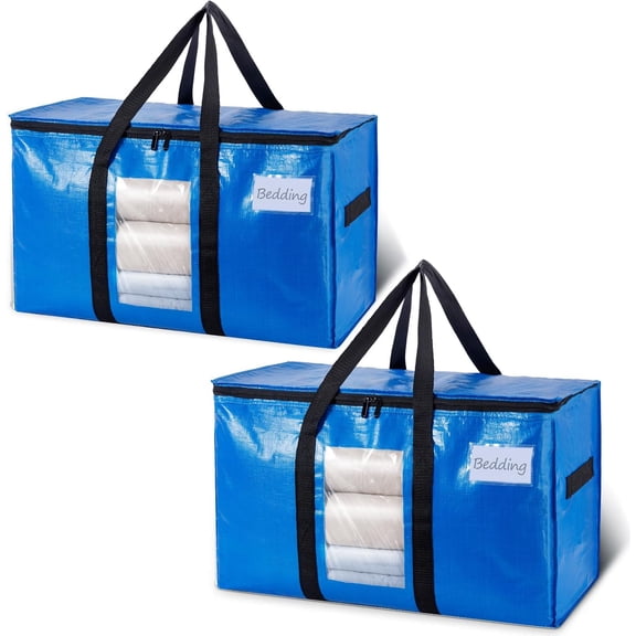 Extra Large Moving Bags, 2 Pack Blue Heavy Duty Totes For Storage with Visible Window, Wrap Around Handles, Storage Bags for Space Saving, Alternative to Moving Boxes